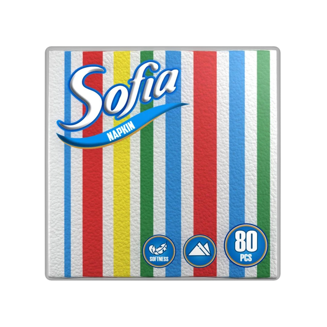 SOFIA նախշավոր անձեռոցիկներ · 80 հատ, 33 × 33 սմ․ փաթեթավորում · գունավոր գծեր